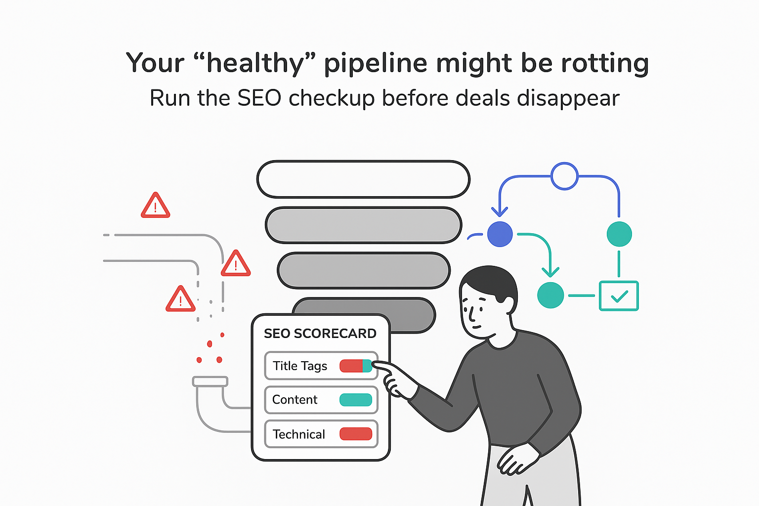 Sales funnel with broken pipe leaking opportunities SEO scorecard title tags tapped by B2B founder