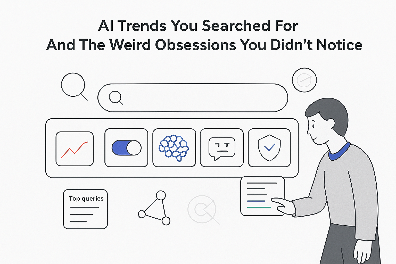 Minimalist tech illustration search bar timeline with AI trends analytics tiles and user tapping panel