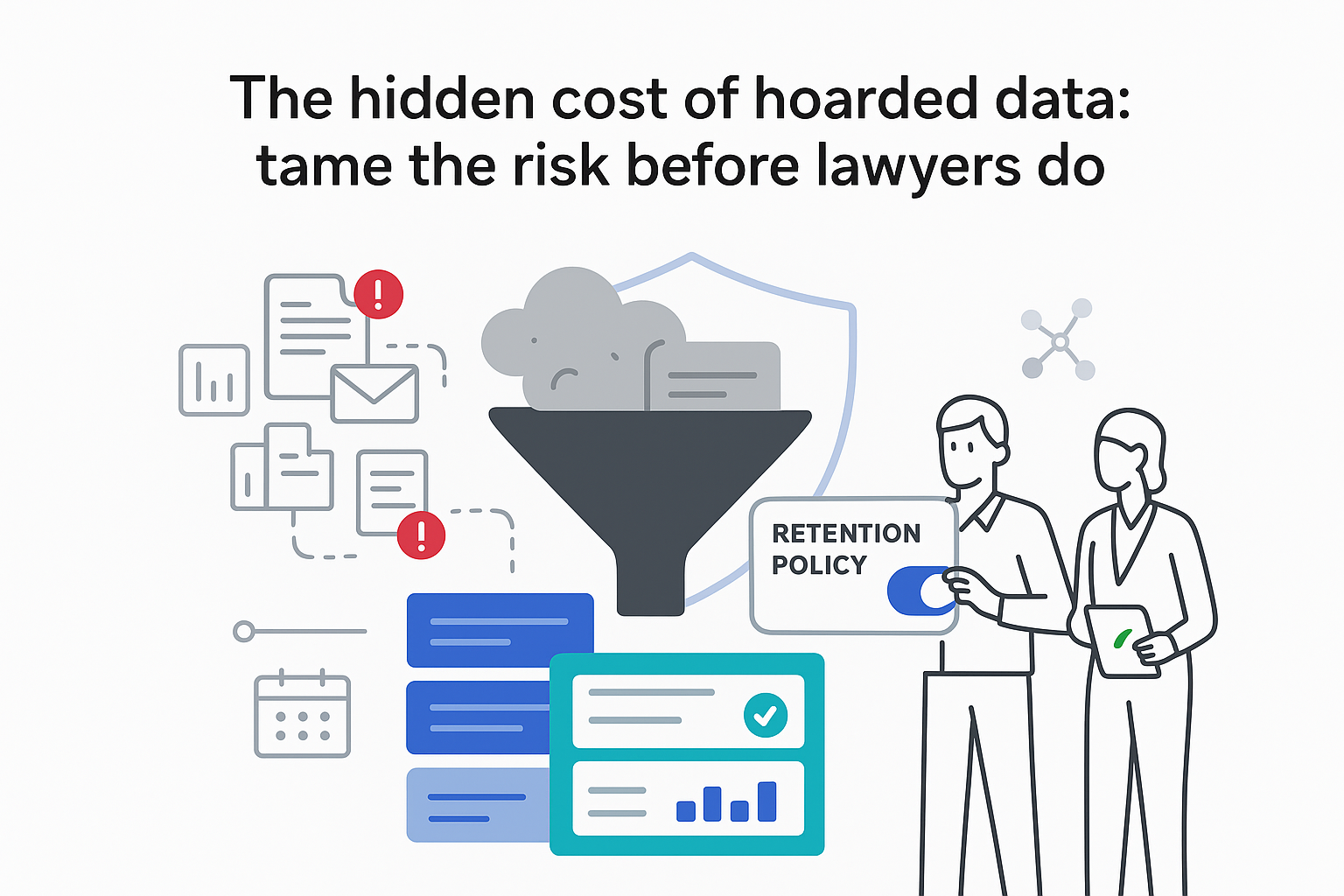 Data funnel illustration converting messy documents with breach alerts into compliant reports retention toggle