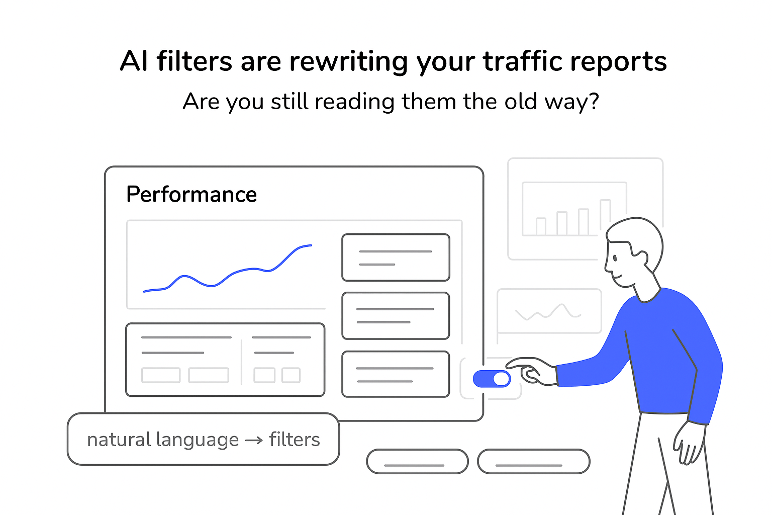 Minimalist AI illustration of analytics UI rewriting traffic reports with natural language filters and toggle