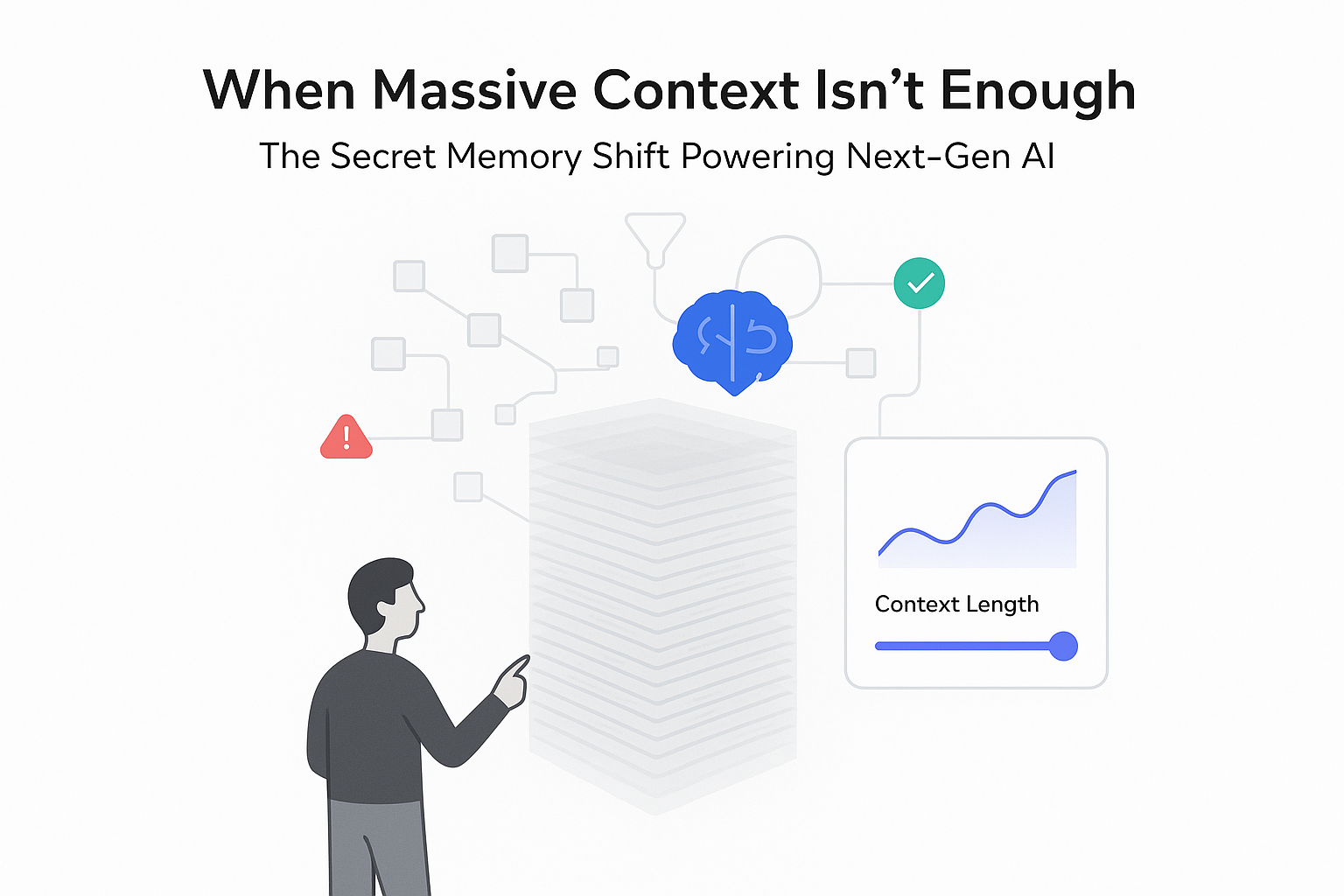 Minimalist tech illustration white background memory stack context length slider AI brain human pointing tablet