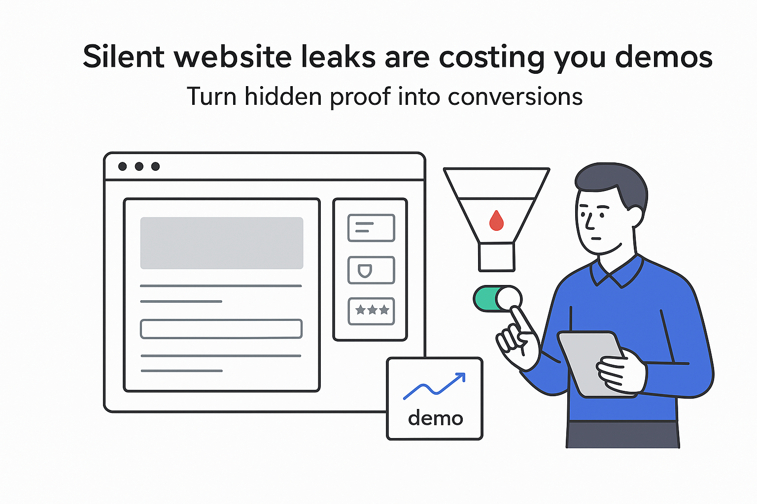 B2B website dashboard with toggle highlighting trust signals and fixing conversion funnel leaks for demos
