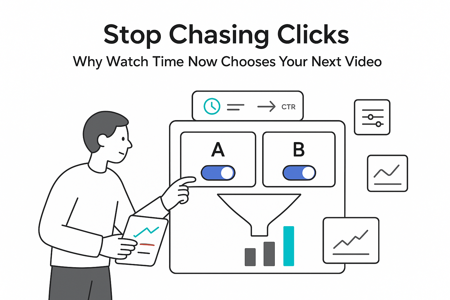 Minimalist video analytics dashboard with creator toggling A B variants funnel to watch time winner