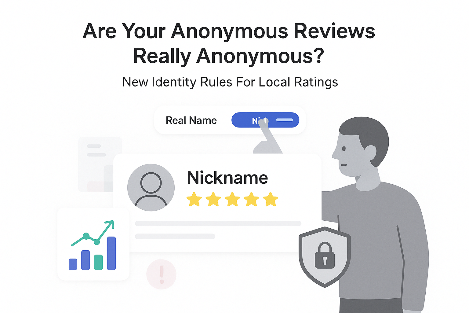 Minimalist illustration of anonymous reviews nickname toggle review card privacy shield local SEO person tapping