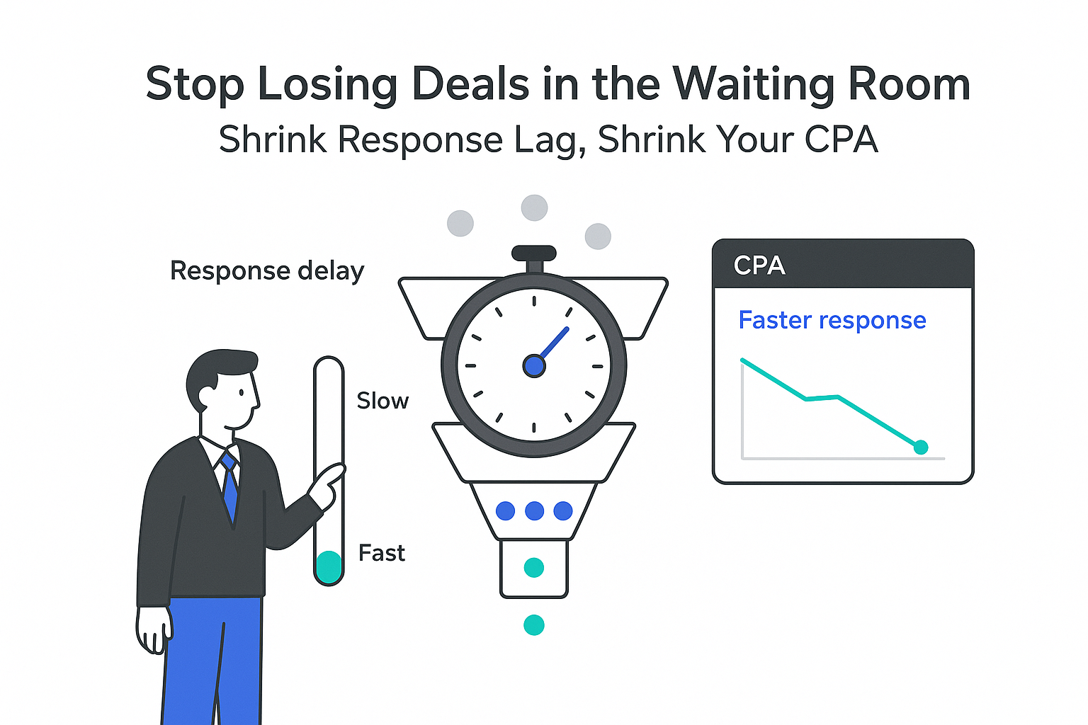 Minimalist sales funnel illustration with stopwatch blocking leads response slider analytics panel showing CPA down