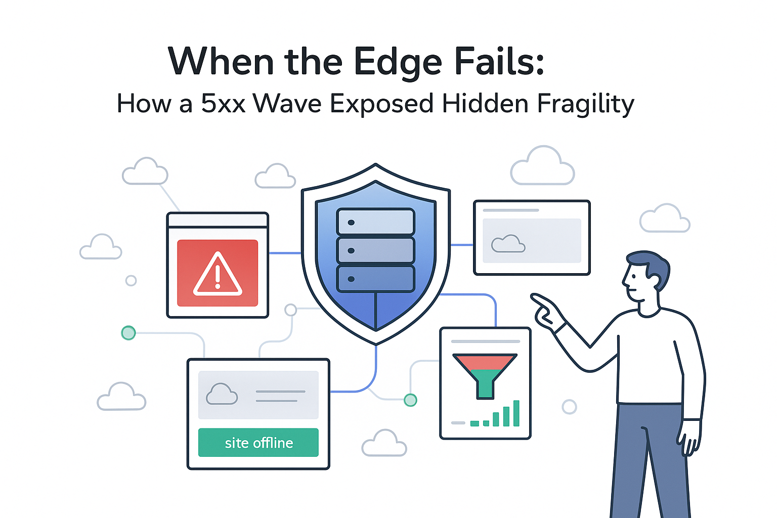 Minimalist internet backbone control hub showing five hundred errors and recovery dashboard