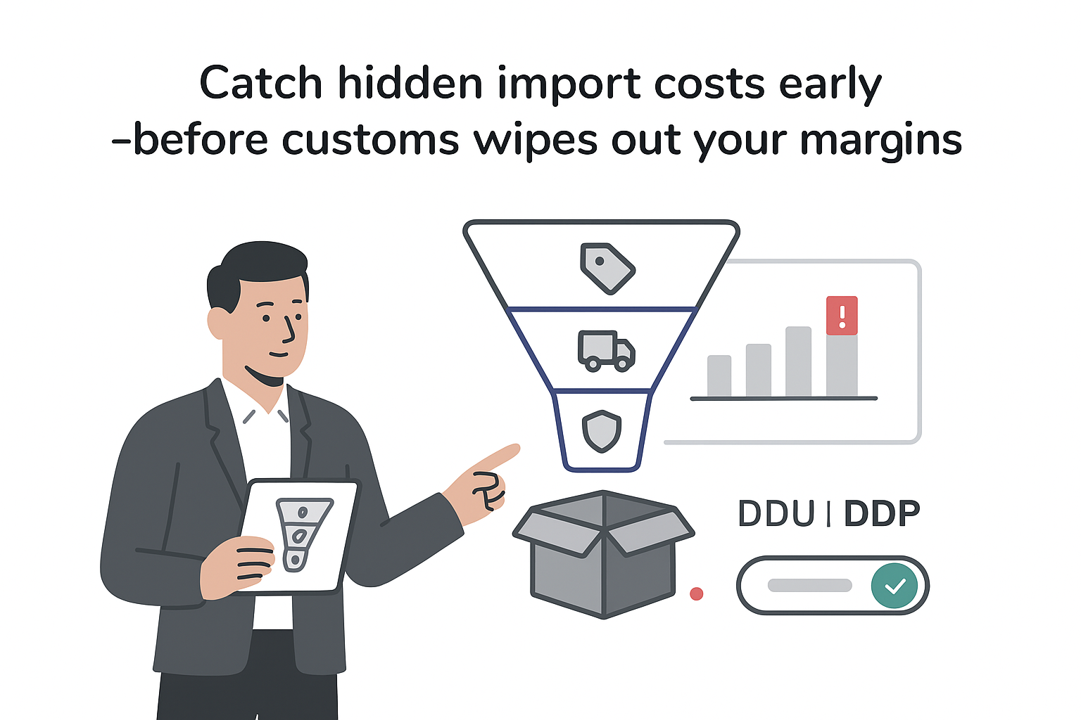 Landed cost funnel emerging from shipping box with DDU DDP toggle and CEO tablet