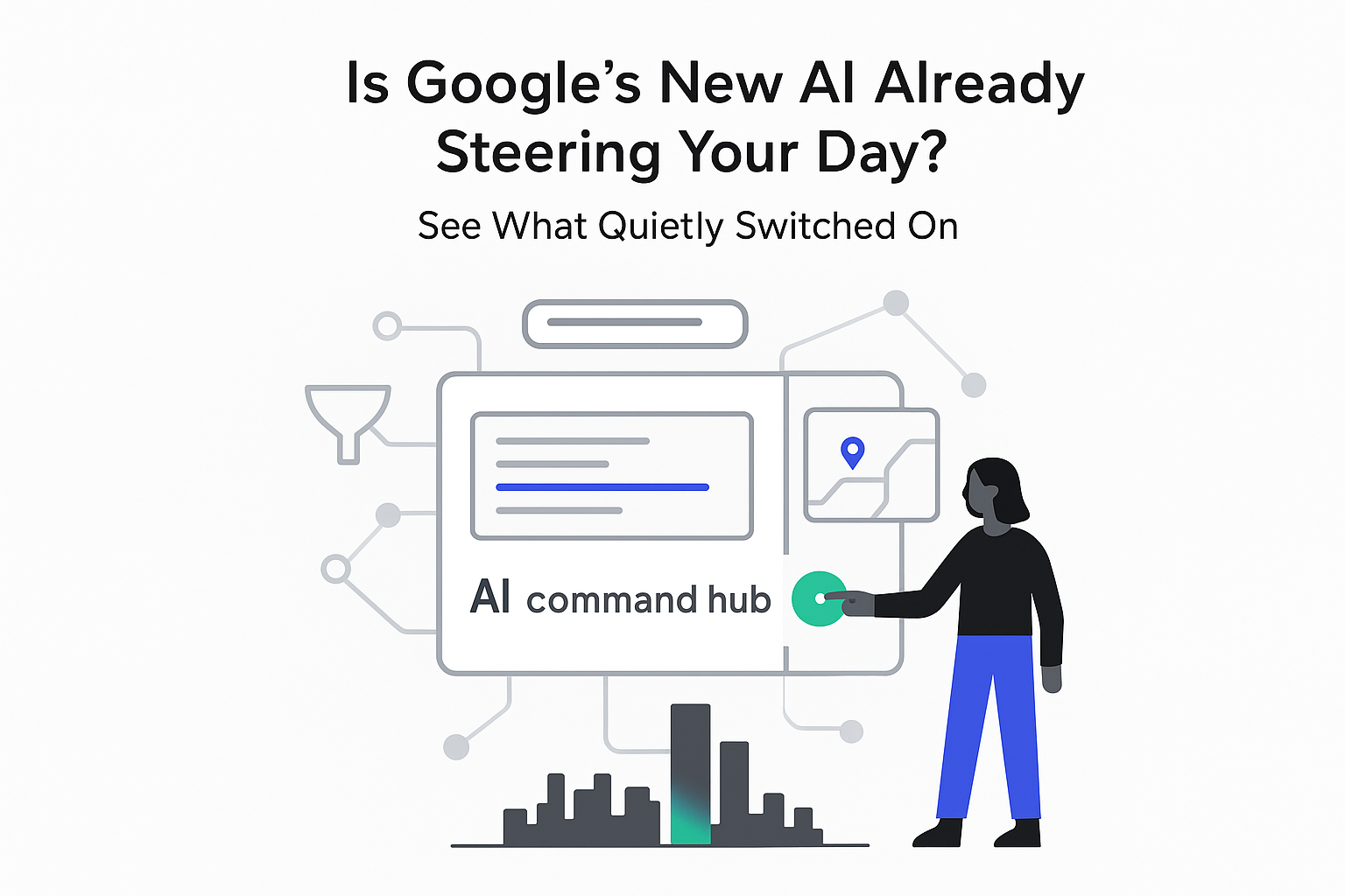 Minimalist tech illustration Google AI command hub dashboard with human toggling automation and data center