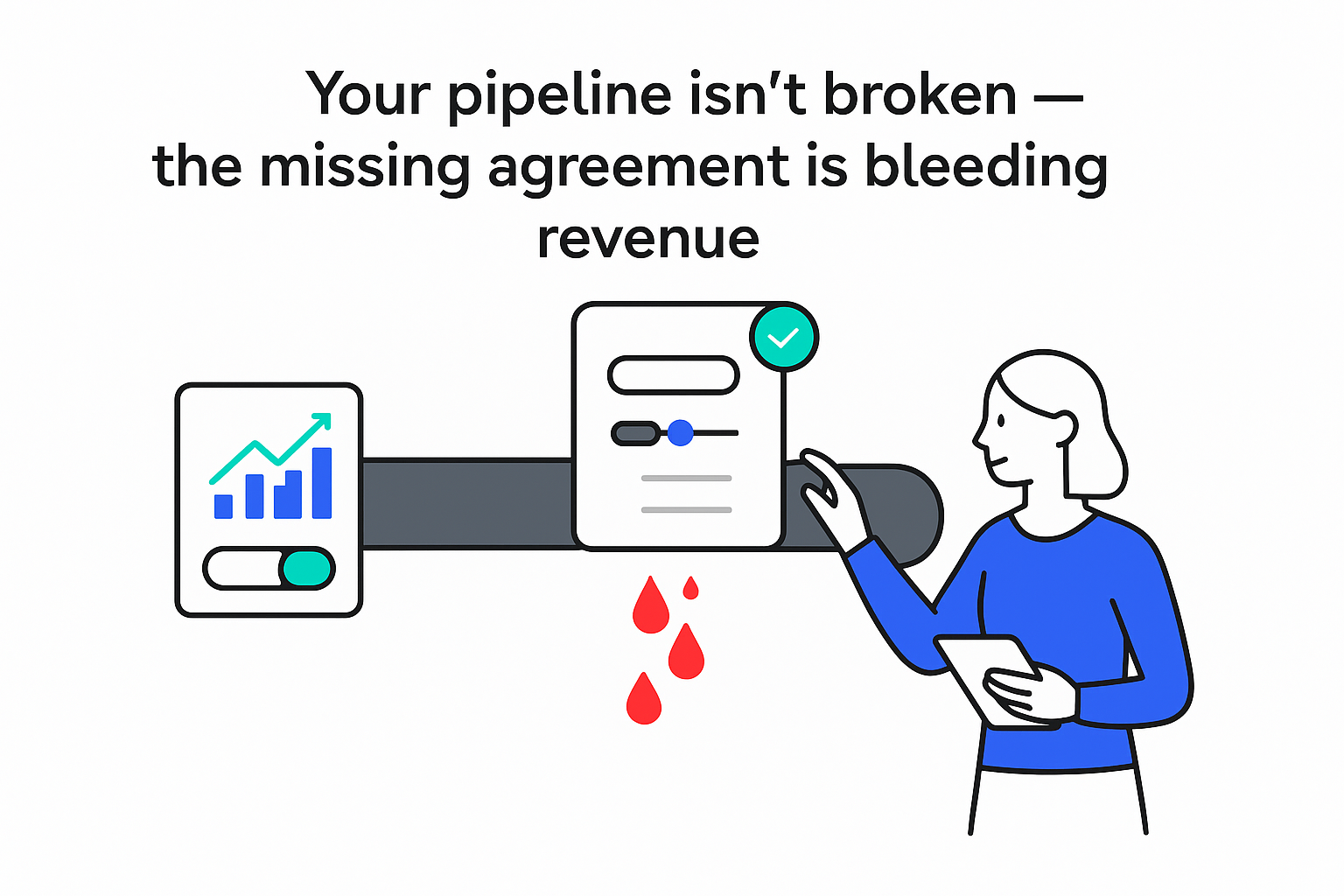 Minimalist pipeline leaking red drips sealed by agreement document professional taps to stop bleeding revenue