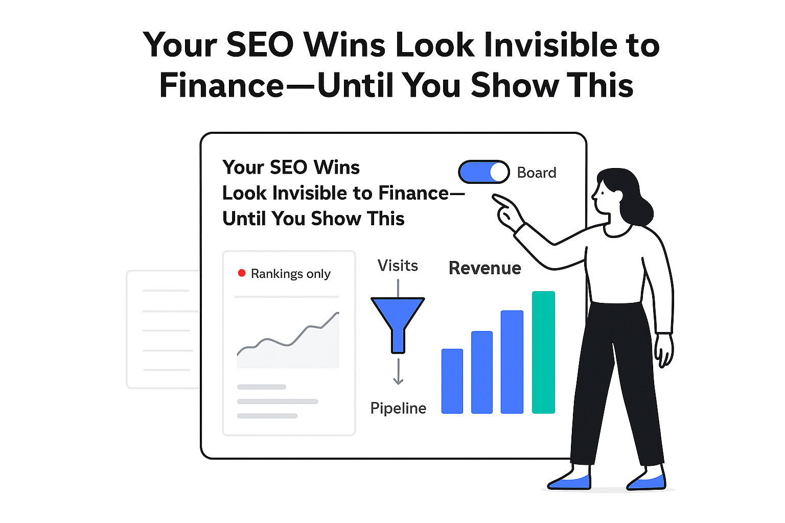 SEO dashboard with funnel converting visits to pipeline revenue and professional reviewing board toggle