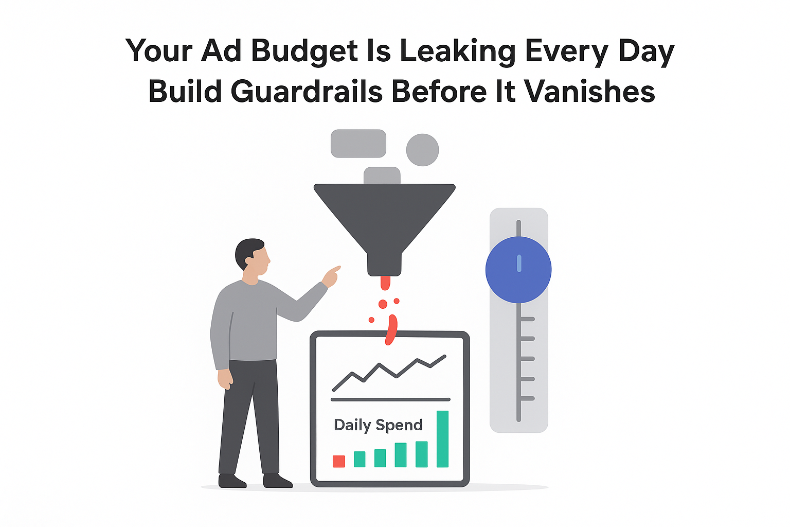Minimalist illustration of ad budget leaking from PPC funnel with guardrail control and analytics