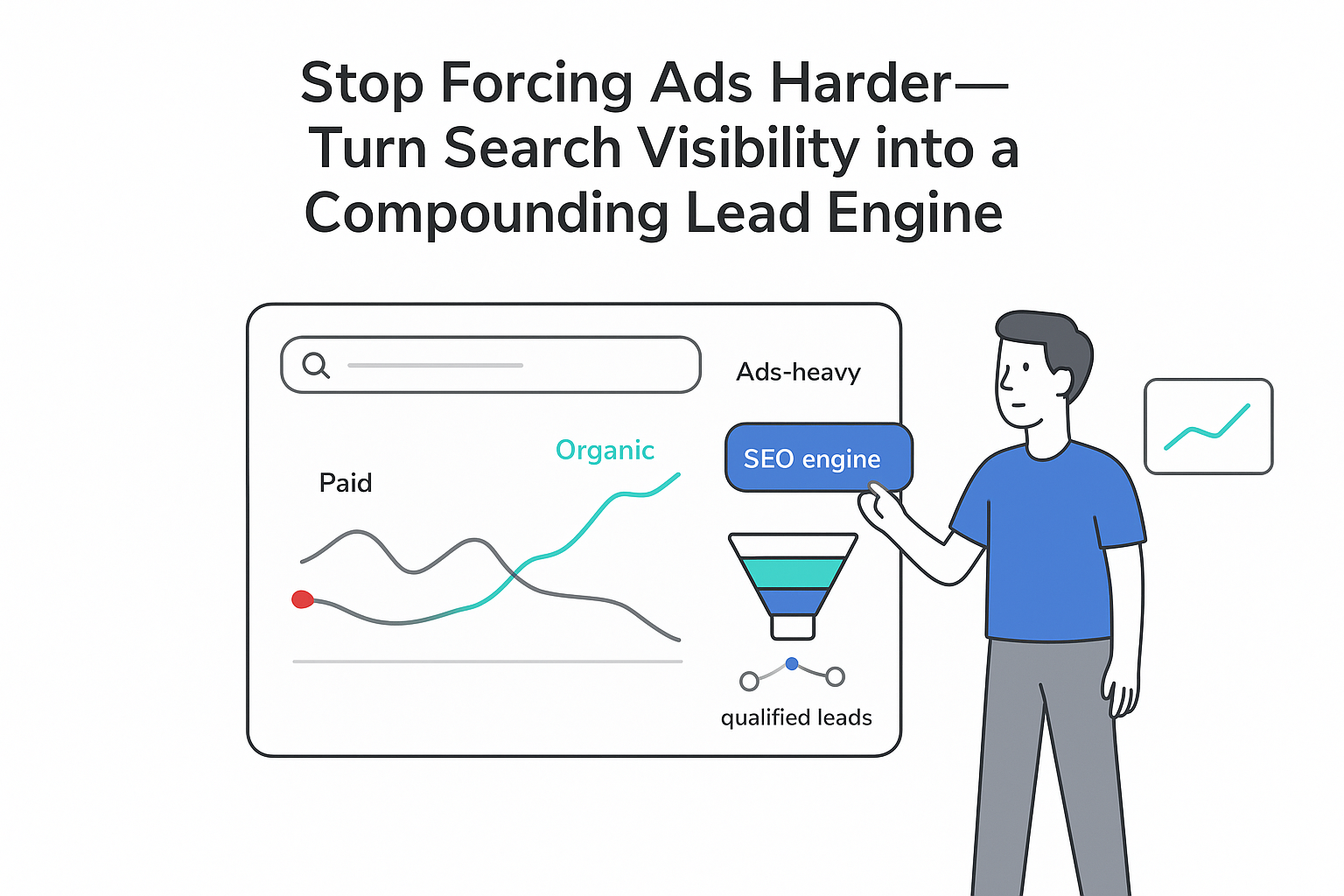 Minimalist analytics dashboard with funnel and organic growth line SEO toggle switched by founder