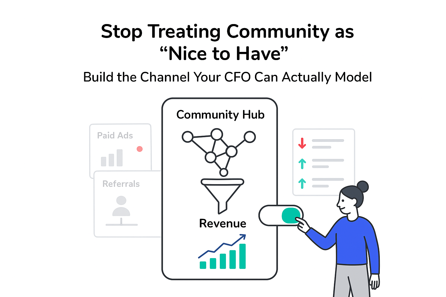 Minimalist vector of community hub funneling to revenue with CFO dashboard and person toggling switch