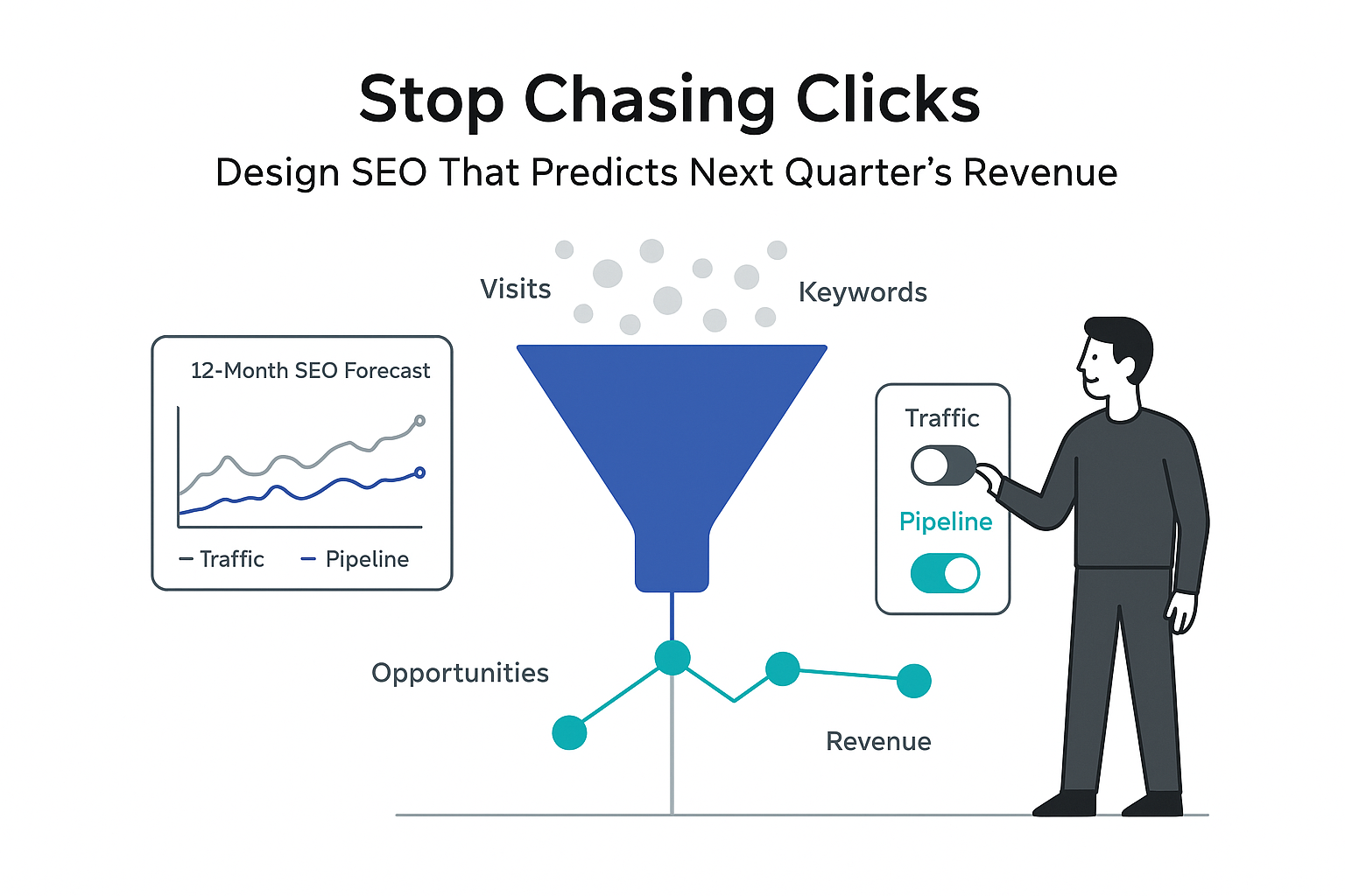 Minimalist SEO control hub illustration with funnel pipeline traffic to opportunities and revenue forecast