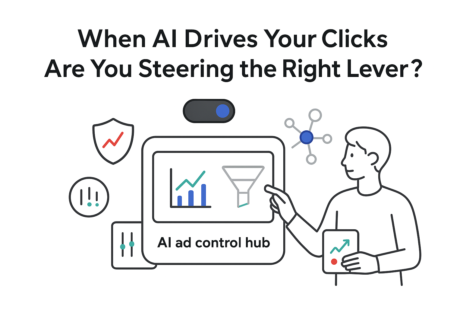 Minimalist AI ad control hub dashboard with analytics funnel toggle and operator touching switch