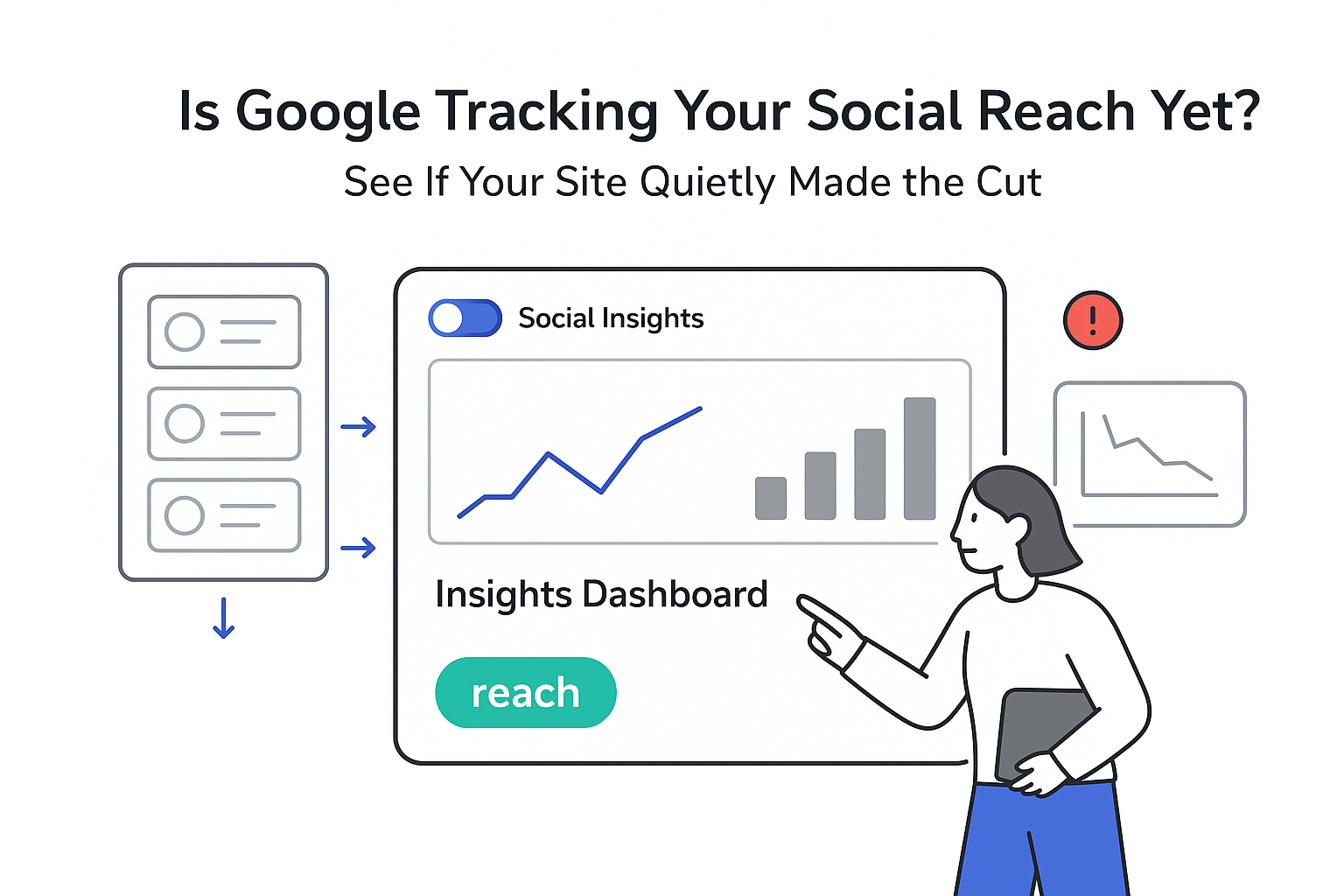Minimalist social insights dashboard illustration showing Google tracking social reach metric with person pointing