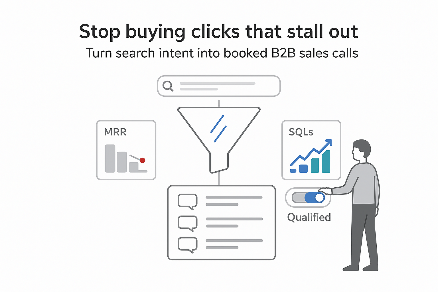 Minimalist SEO playbook illustration search bar funnel MRR SQL panels meeting tiles person toggling
