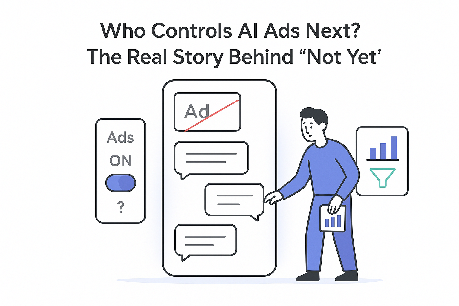 User hesitating at ads toggle beside crossed out ad card and AI chat panel