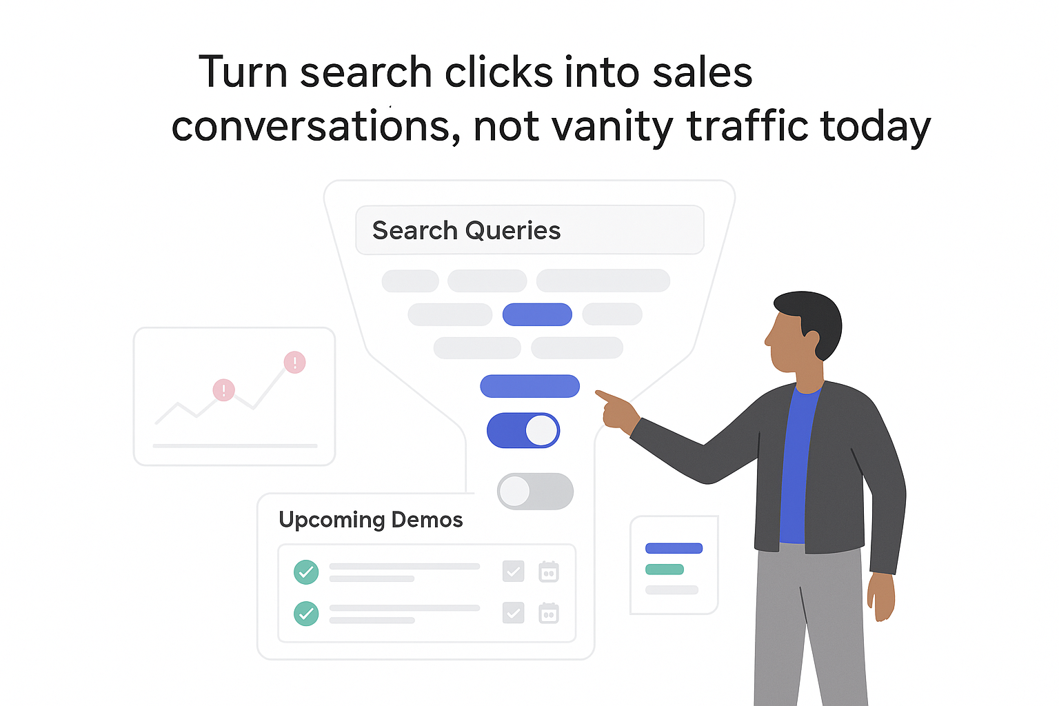 Minimalist tech illustration of search funnel with filters upcoming demos and booked meetings