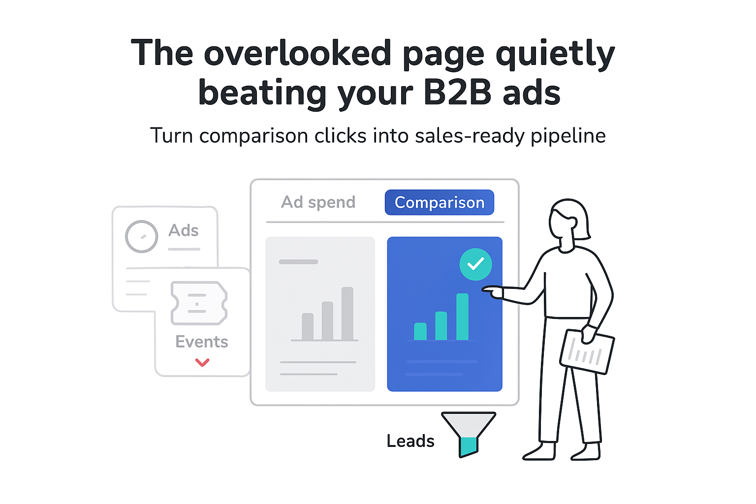 Minimalist tech illustration of comparison page beating B2B ads turning clicks into sales ready leads