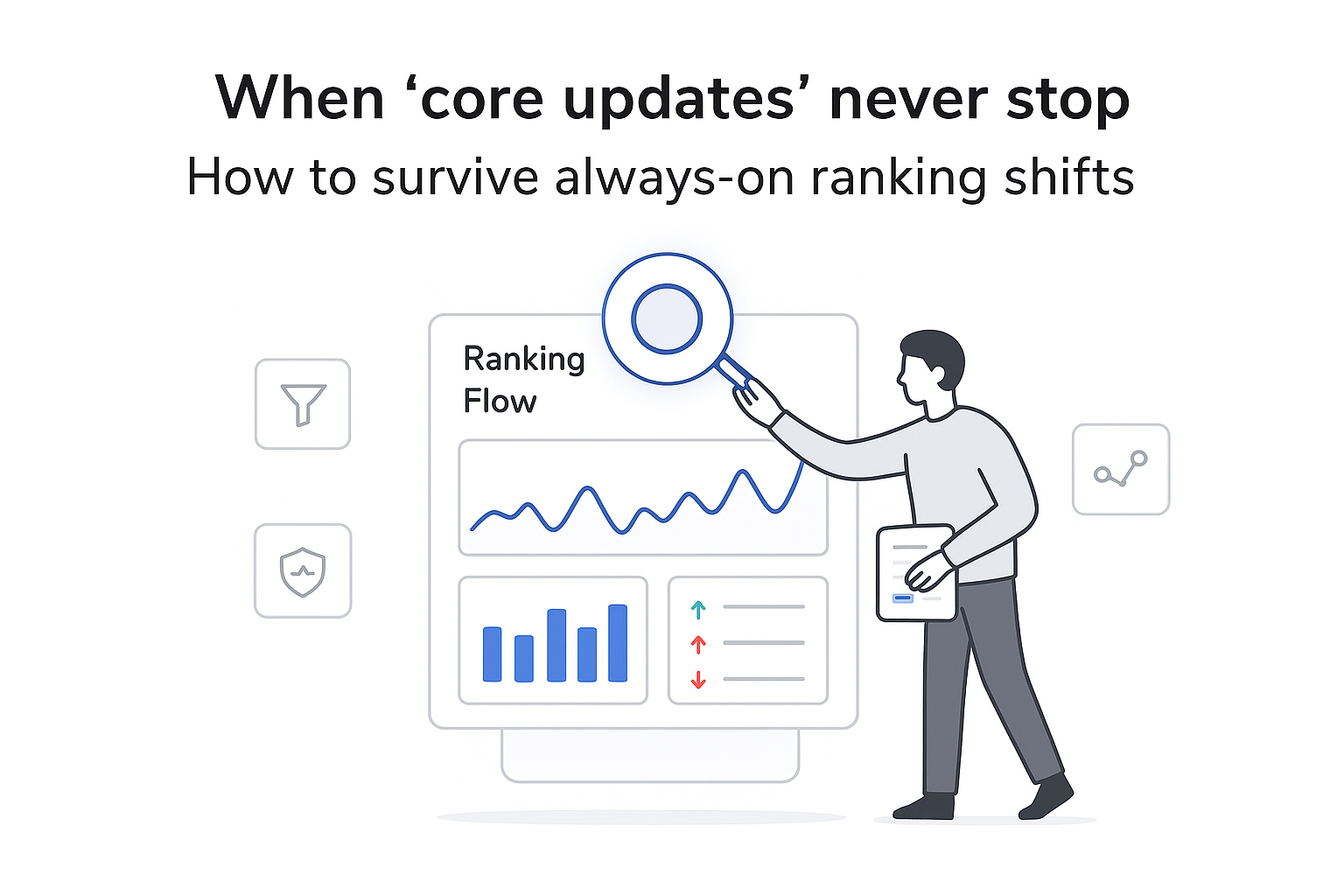 Search performance control hub illustration Ranking Flow dial person adjusting charts showing ranking shifts