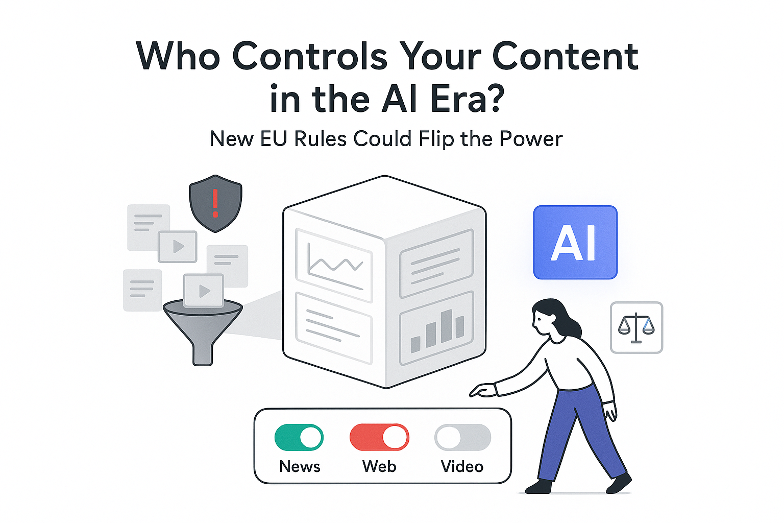Minimalist AI engine illustration with data funnel policy shield permissions toggles human pointing EU rules