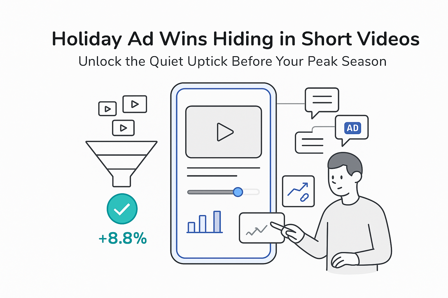 Minimalist illustration of smartphone UI funnel comments and short videos showing holiday ad uplift