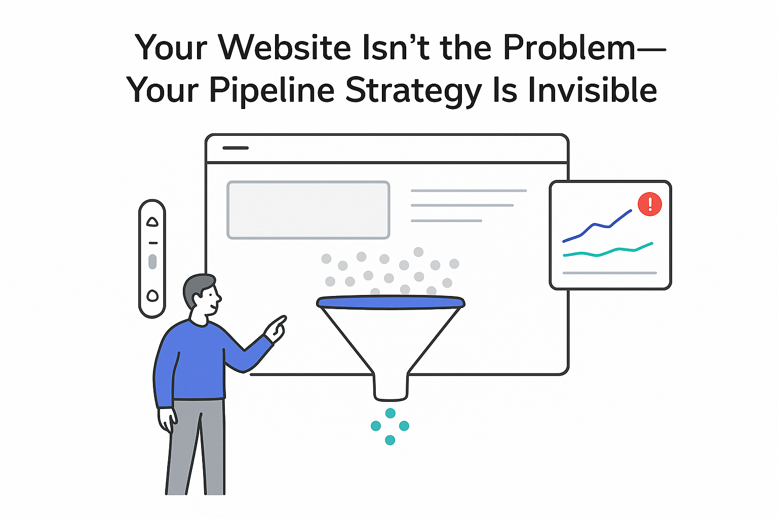 Minimalist B2B website conversion funnel illustration low leads analytics card design seo toggle person pointing