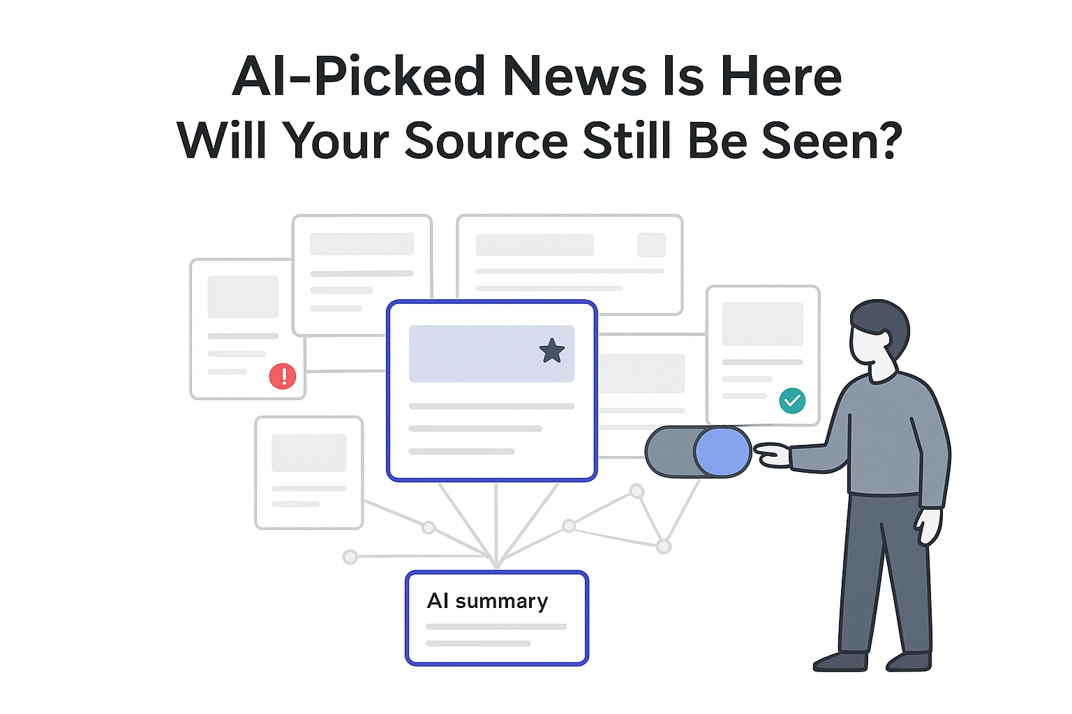 AI picked news showing highlighted source funneling content into summary card with person toggling selection