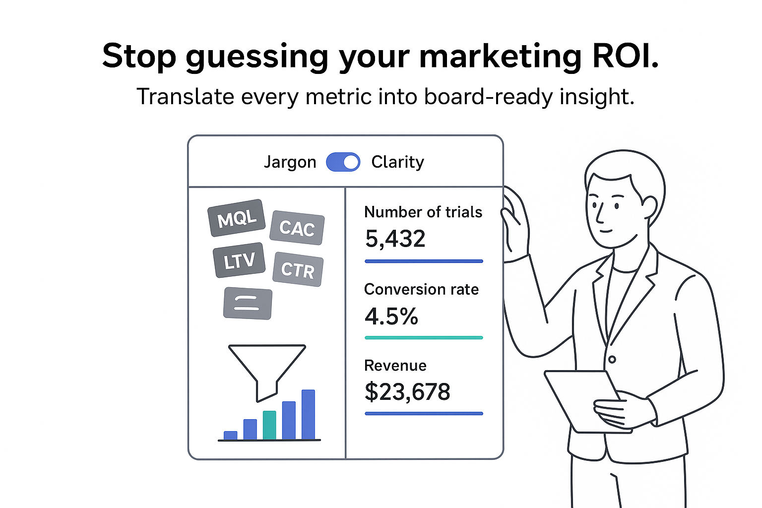 Minimalist illustration translating marketing metrics into board ready ROI insights and revenue chart