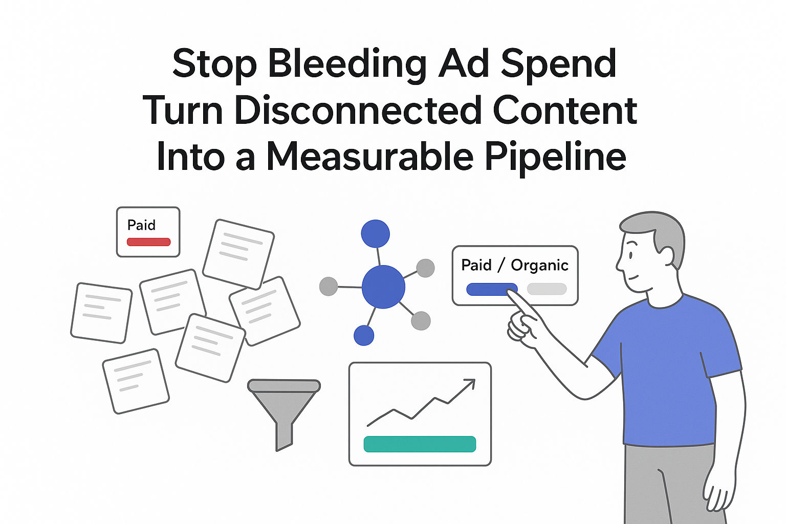 Minimalist vector showing ad spend waste to topic cluster funnel and revenue dashboard