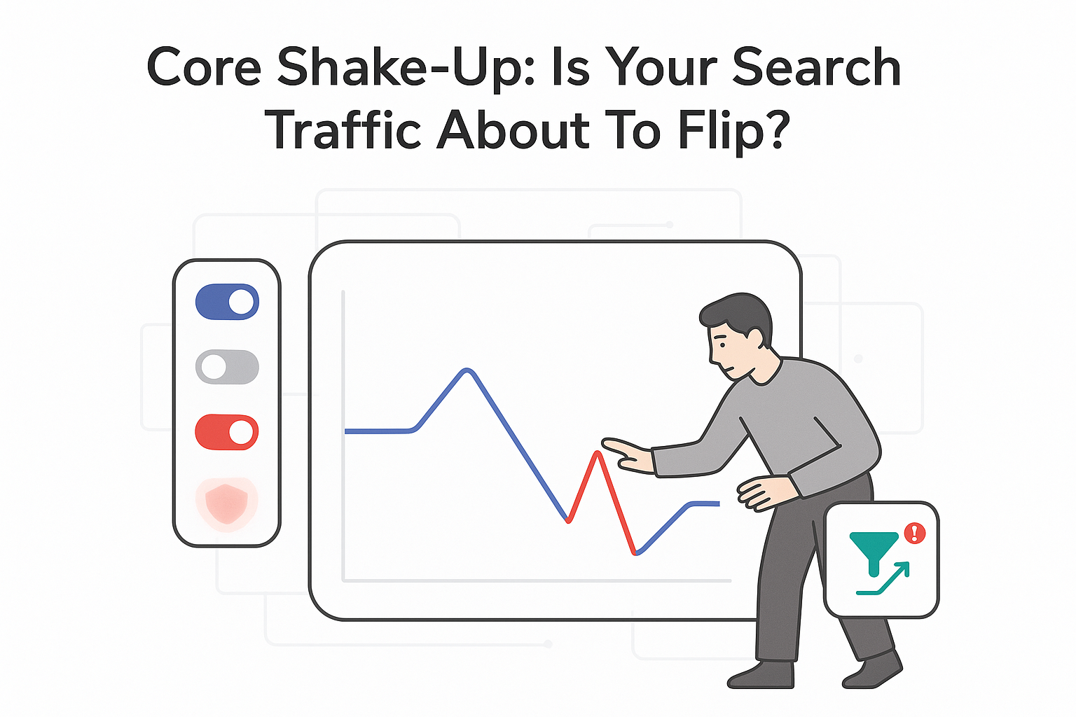 Minimalist search health dashboard with analytics panel line chart dip toggles and person pointing