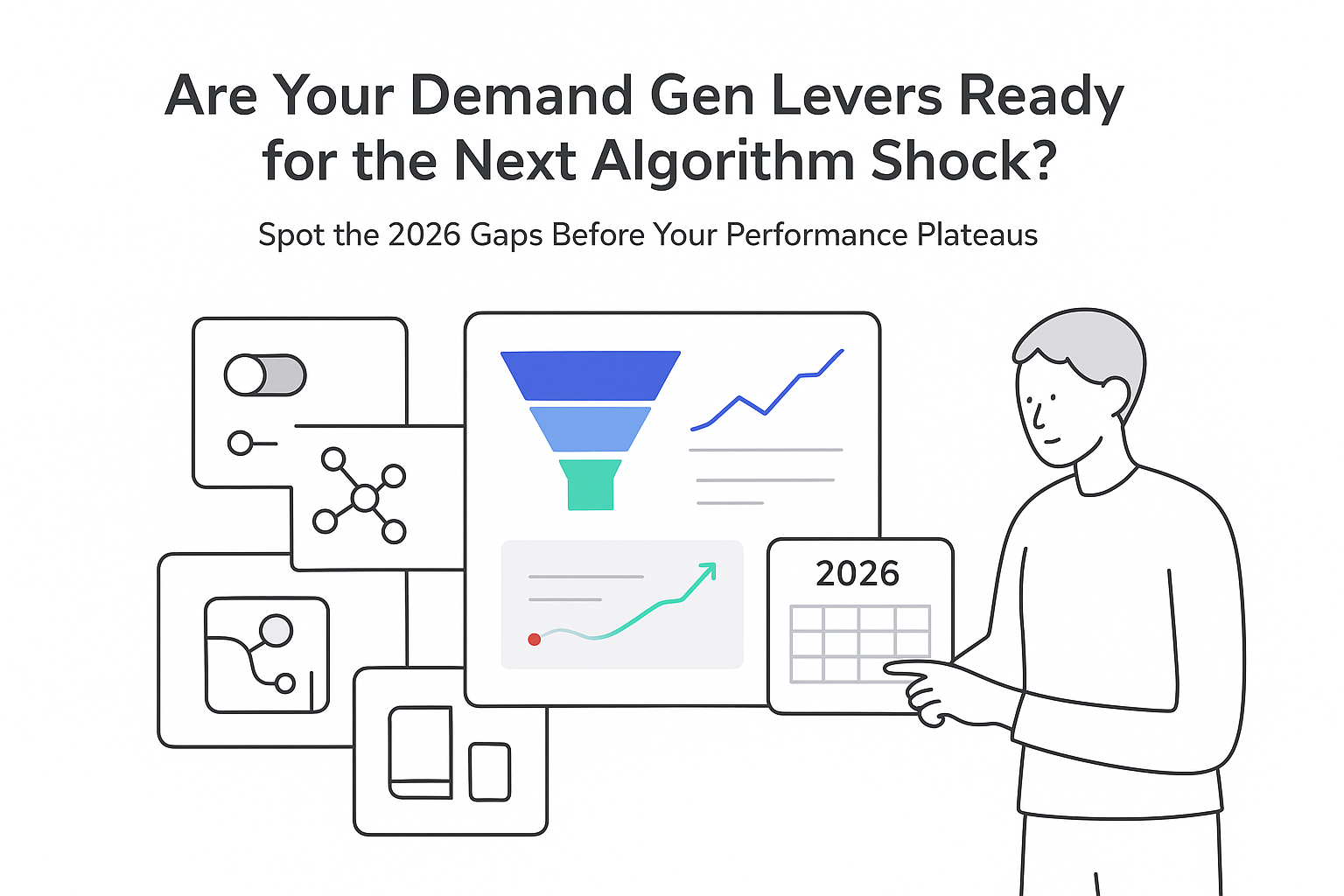 Demand gen planning shifts analytics dashboard with funnel line graph KPI AI targeting calendar 2026