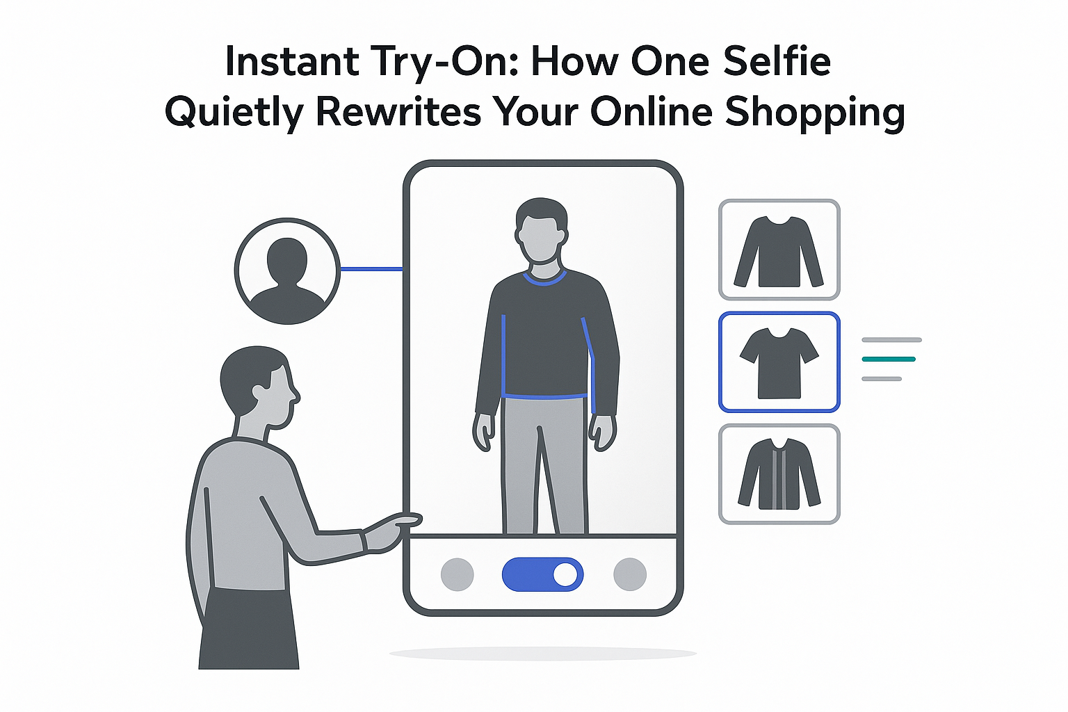 Minimalist tech illustration of smart mirror enabling virtual try on from one selfie
