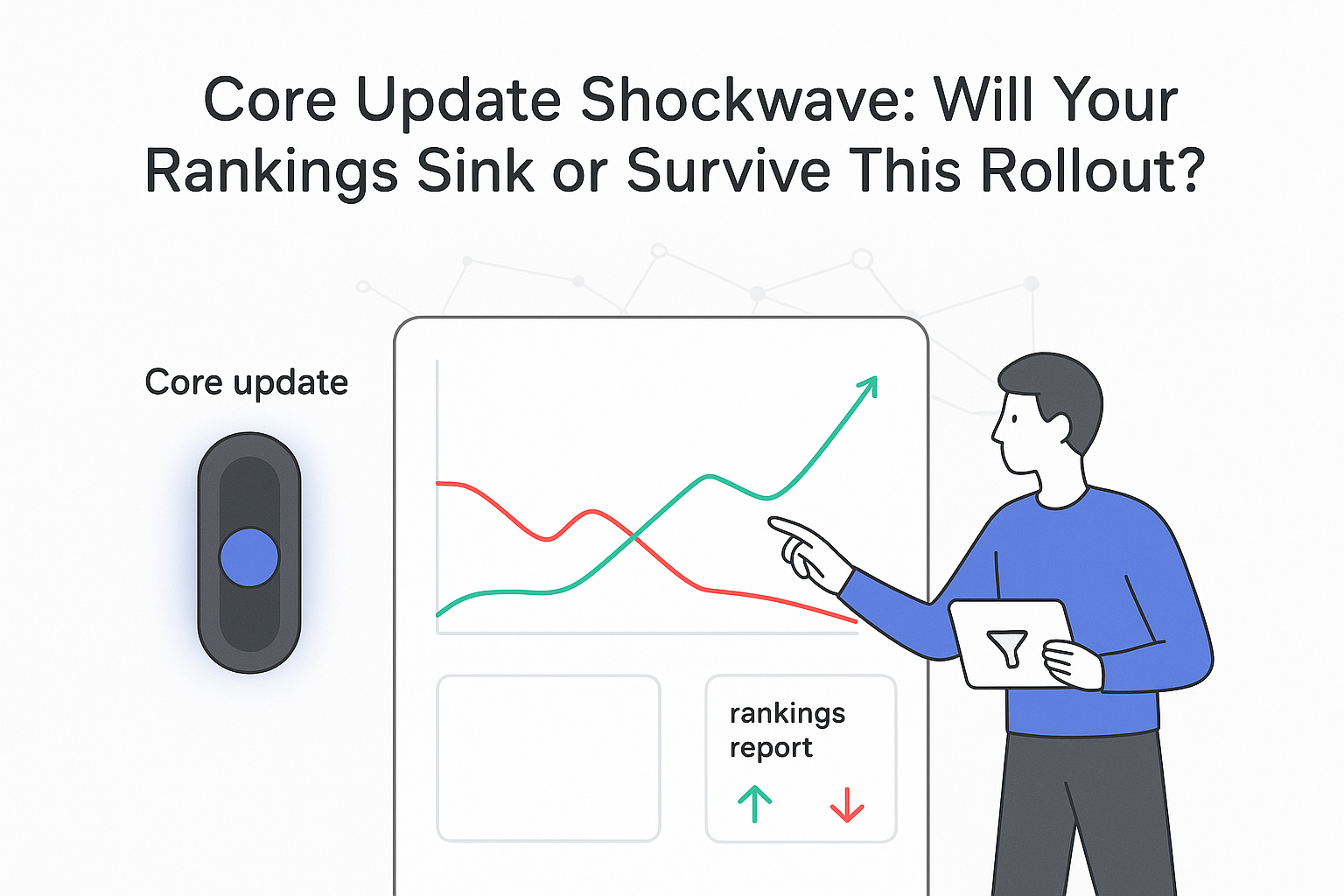 Minimalist tech illustration dashboard showing core update toggle rankings report human pointing at rising line