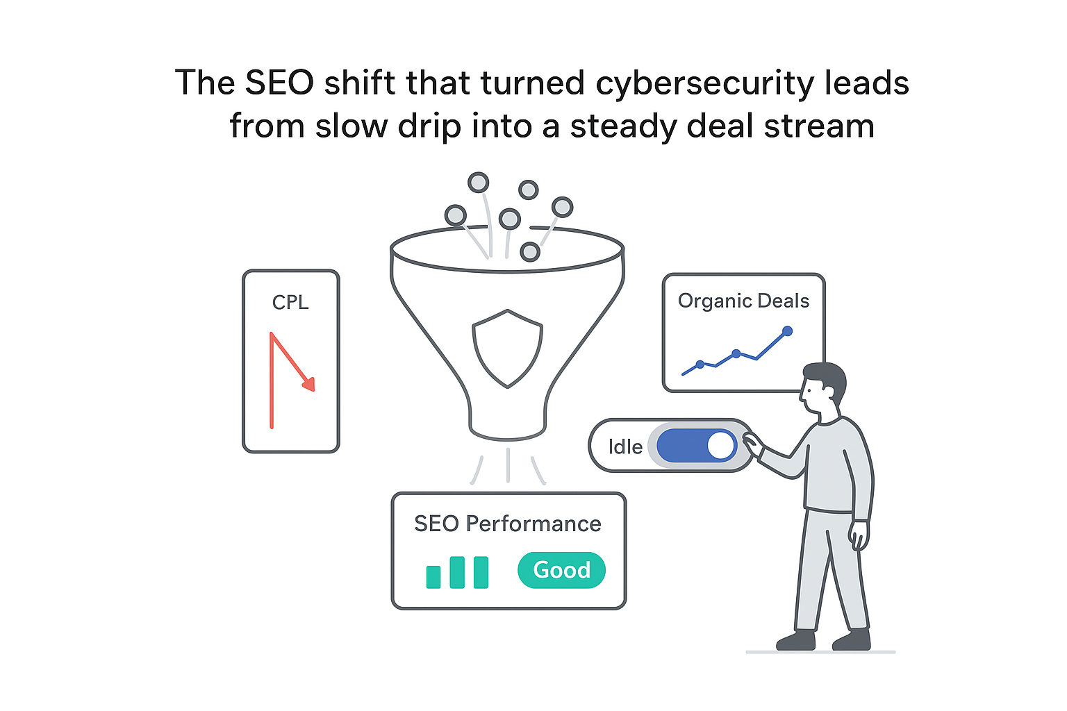 Cybersecurity SEO funnel turning organic traffic into qualified B2B deals with metrics