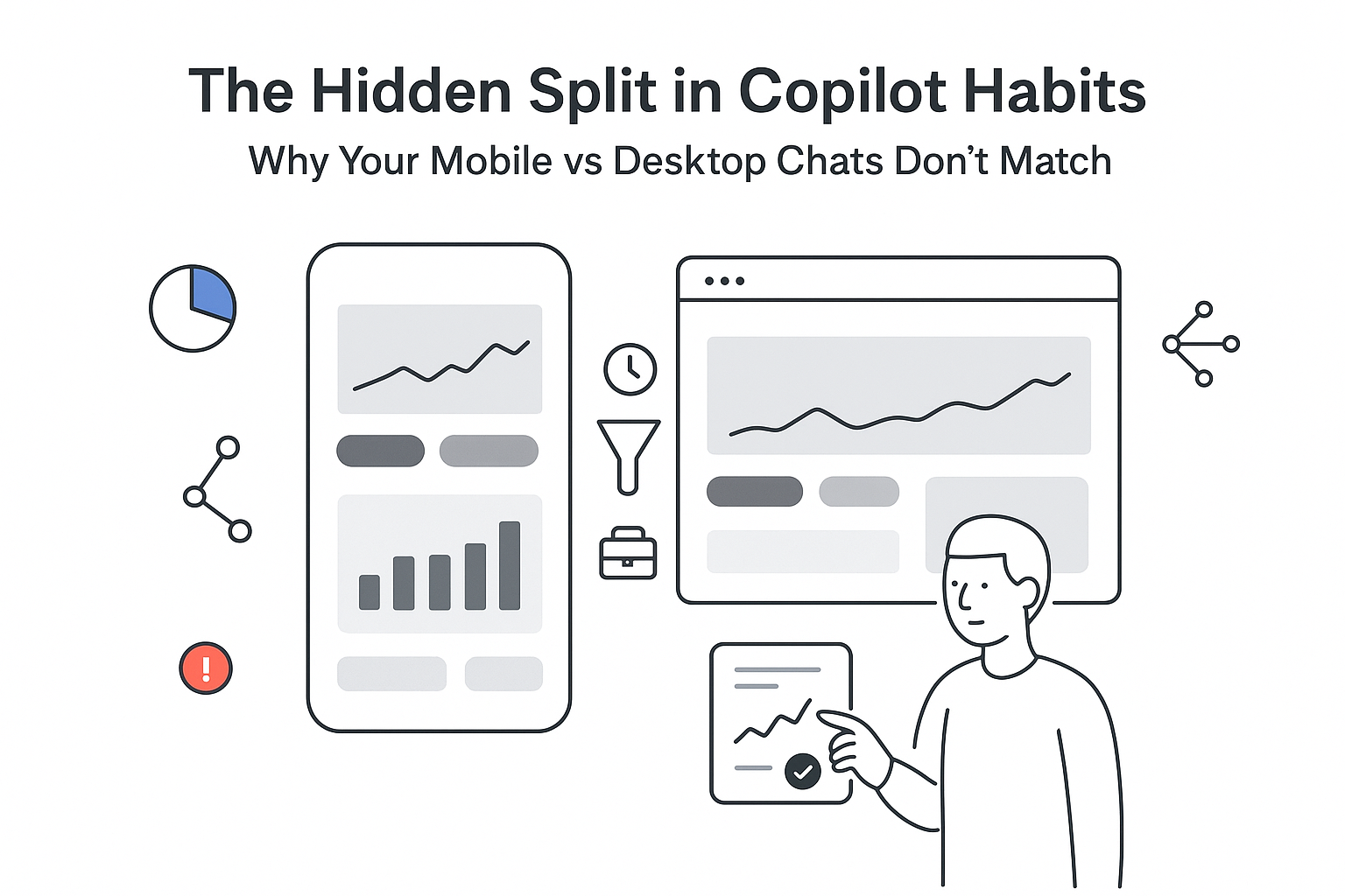 Minimalist Copilot analytics split dashboard showing mobile versus desktop chats with user tapping toggle
