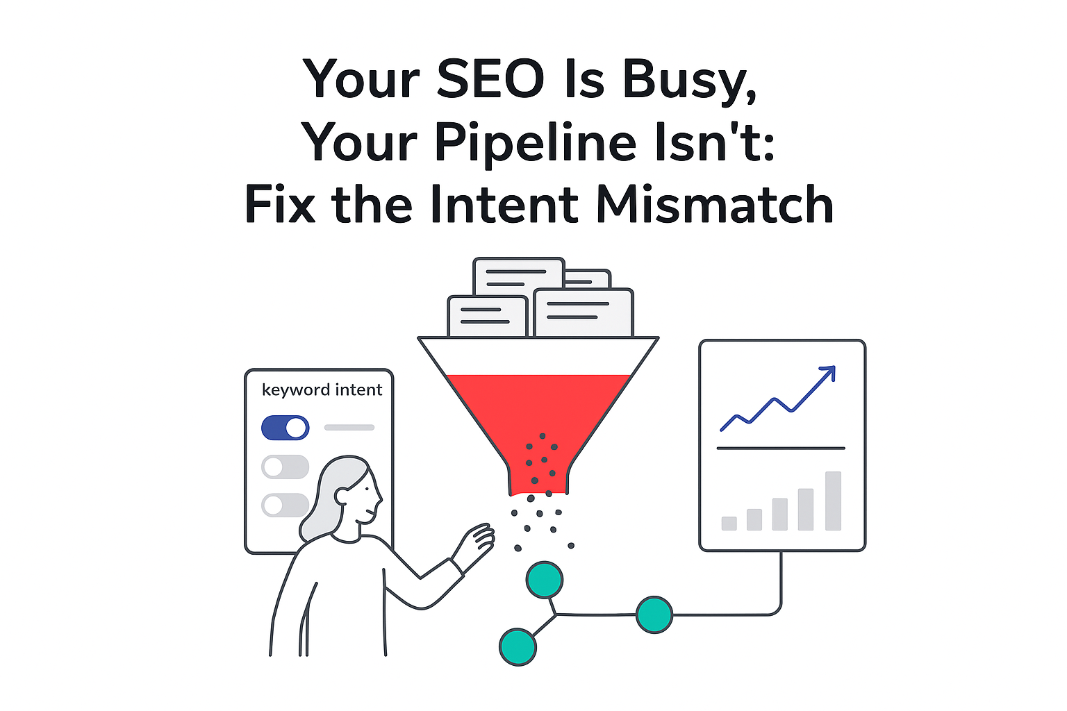 B2B lead funnel showing red leak losing unqualified leads with intent filter and analytics