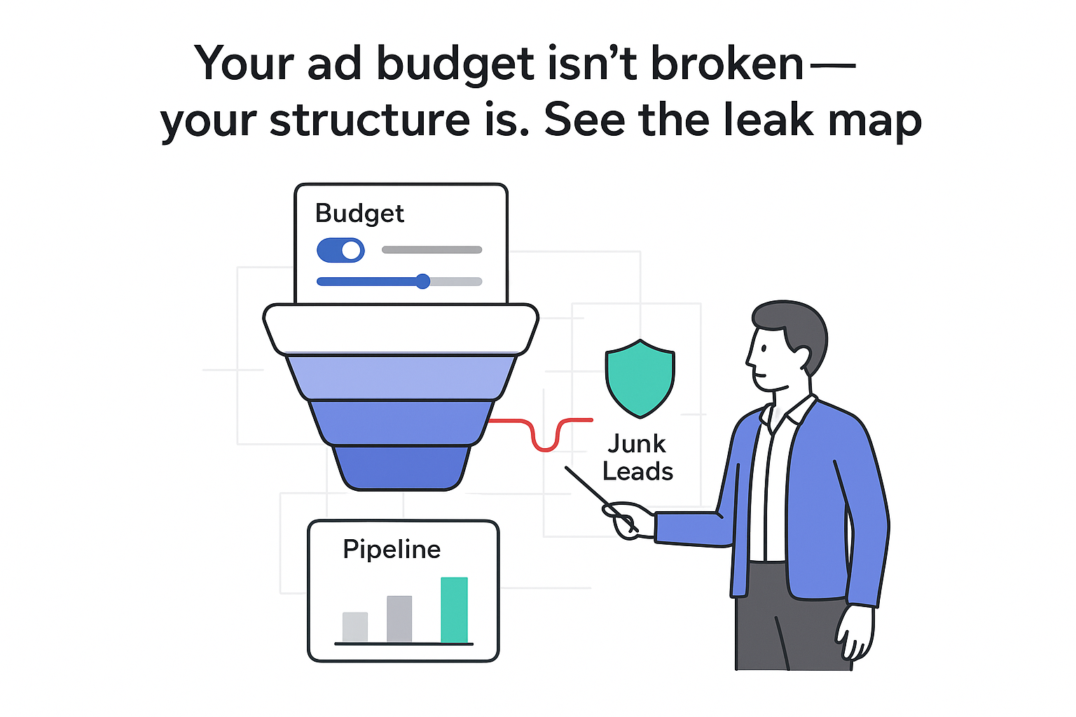 Minimalist funnel illustration white background budget control junk leads shield pipeline chart B2B professional pointing