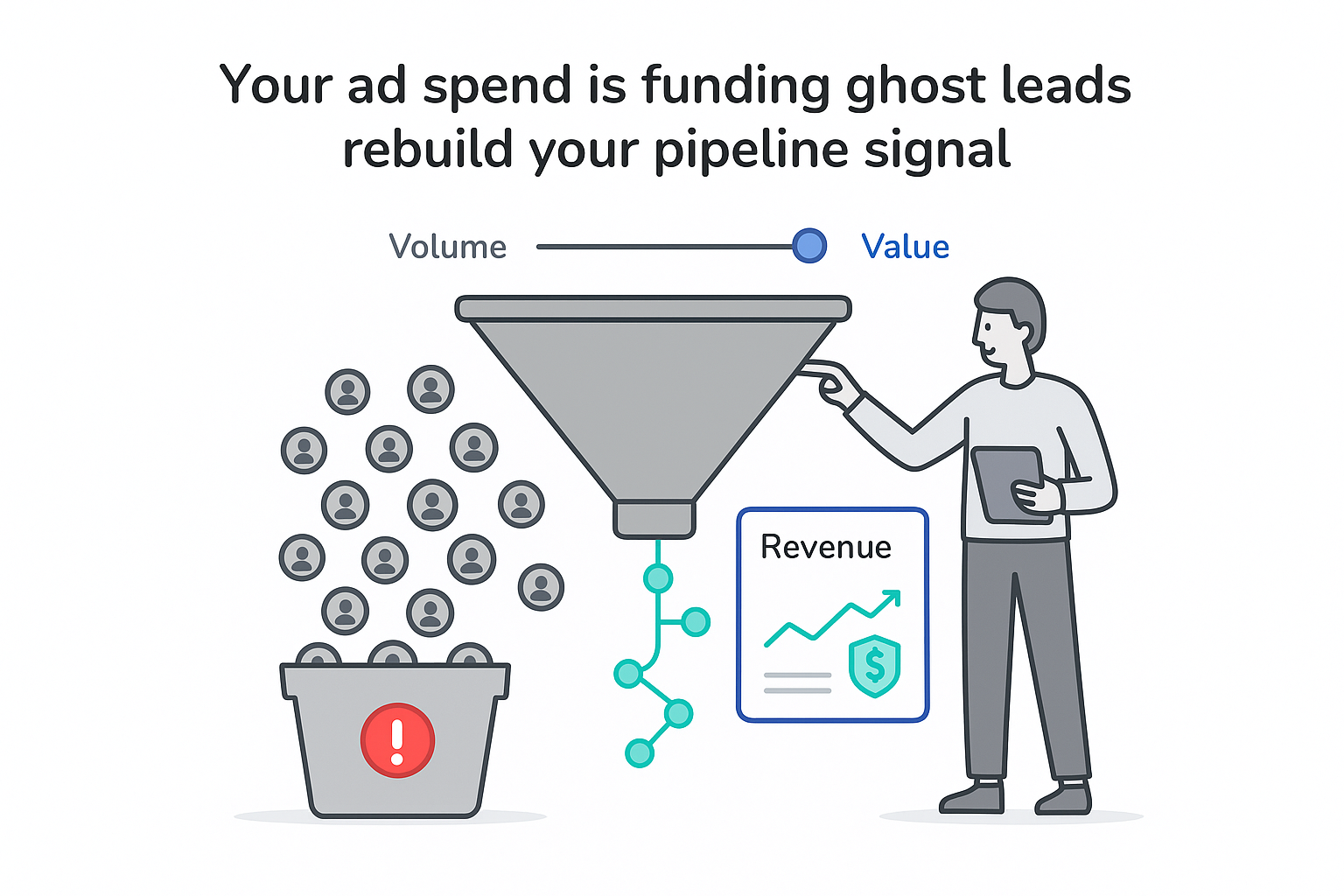 Conversion funnel with ad spend fueling wasted leads and marketer rebuilding pipeline to revenue dashboard