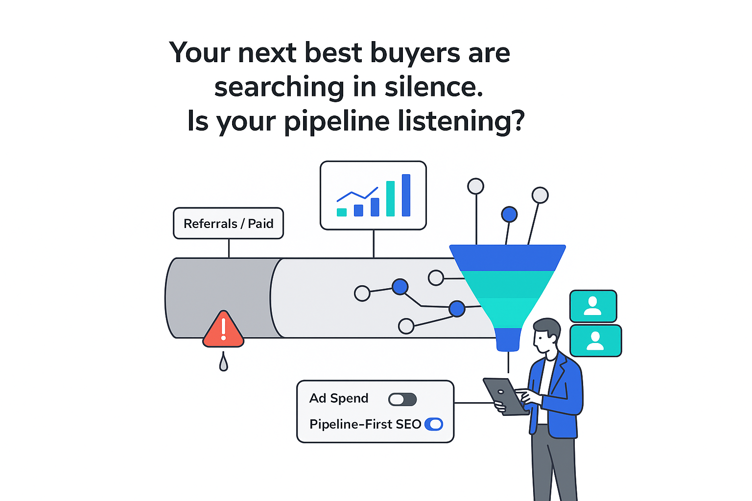 Minimalist tech illustration of pipeline funnel showing search intent feeding qualified leads with analytics panel
