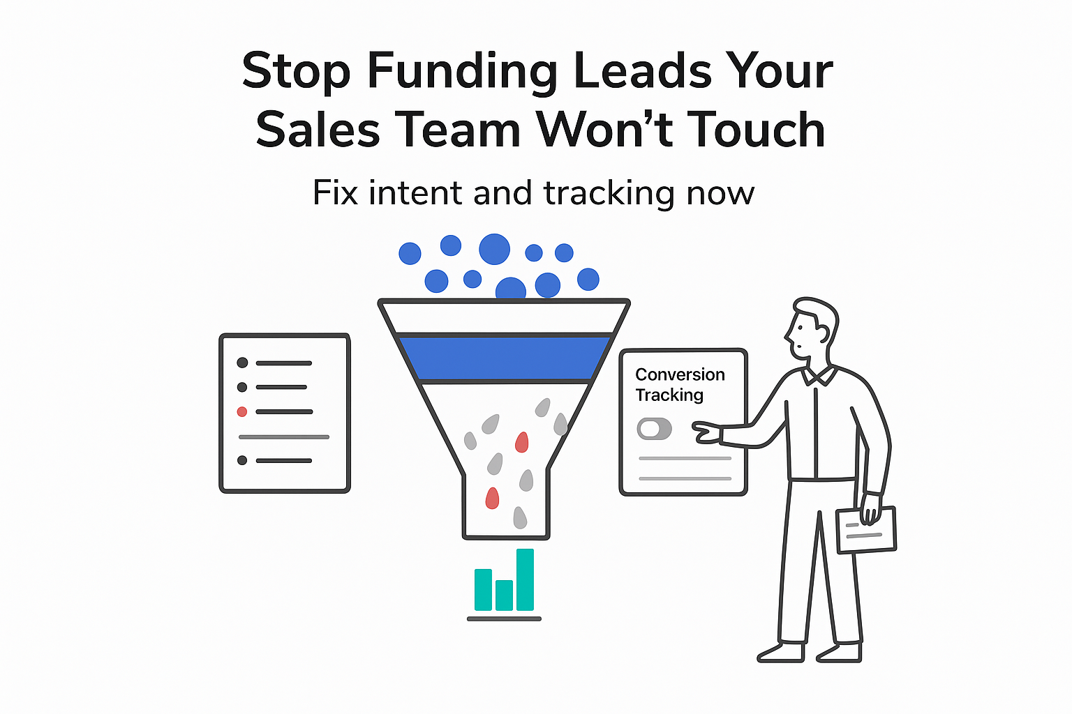 Minimalist tech funnel leaking junk leads sales conversion tracking off person reaching to fix toggle