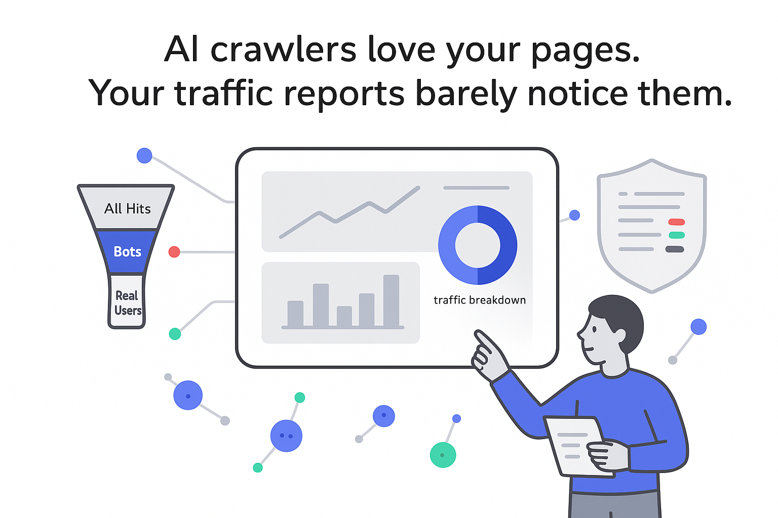 Minimalist analytics dashboard showing bot traffic donut and highlighted bots funnel with human pointing