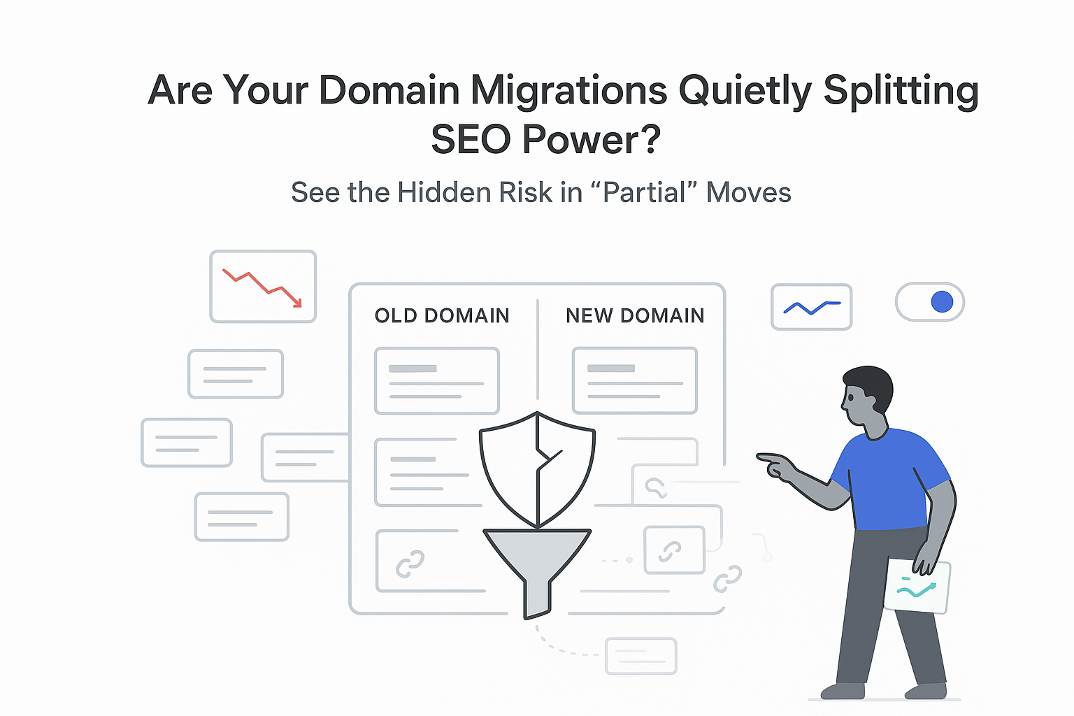 Illustration of domain migration funnel with fractured site signals split SEO authority and lost links