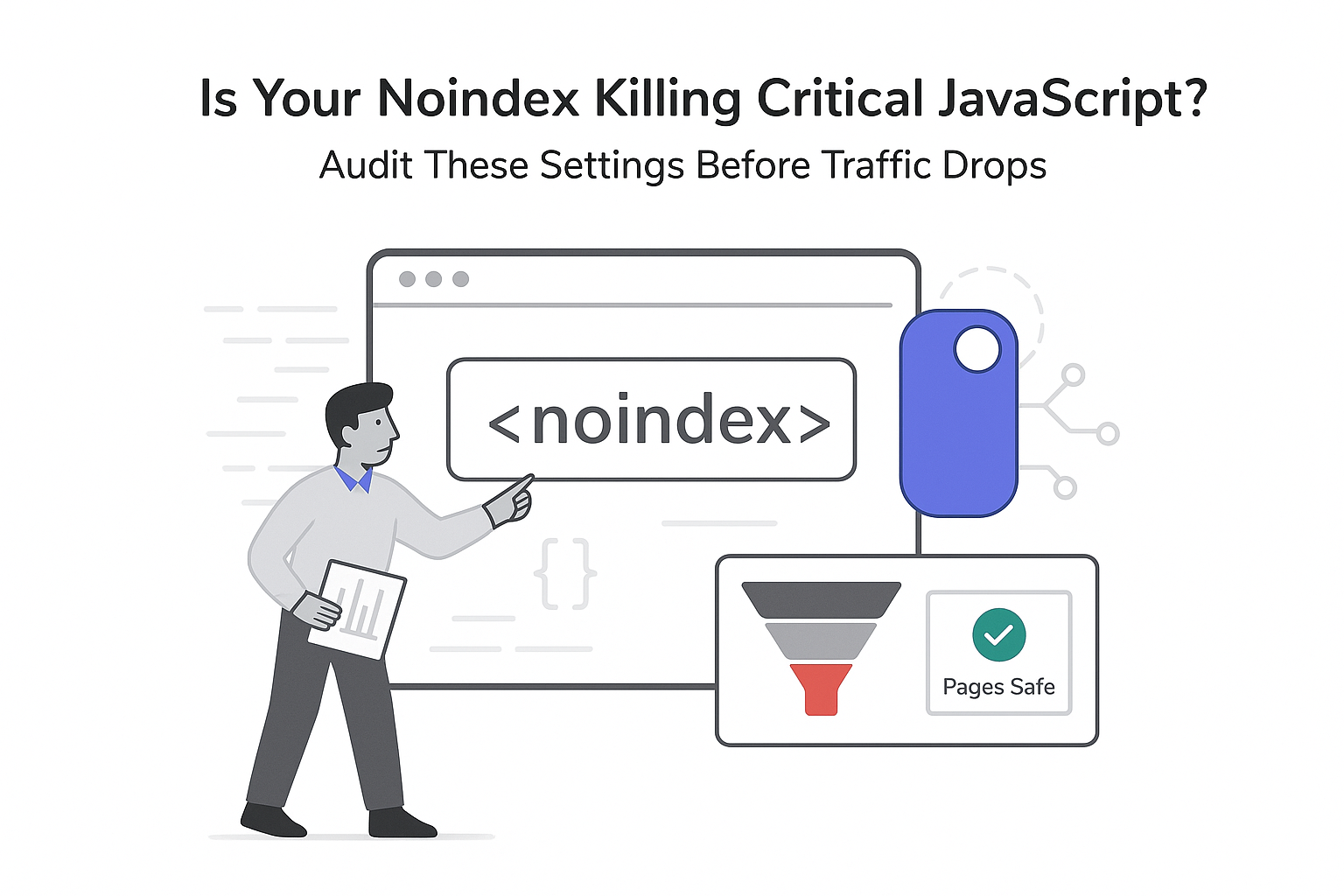 Minimalist illustration showing noindex toggle off blocking JavaScript with funnel analytics and concerned SEO auditor