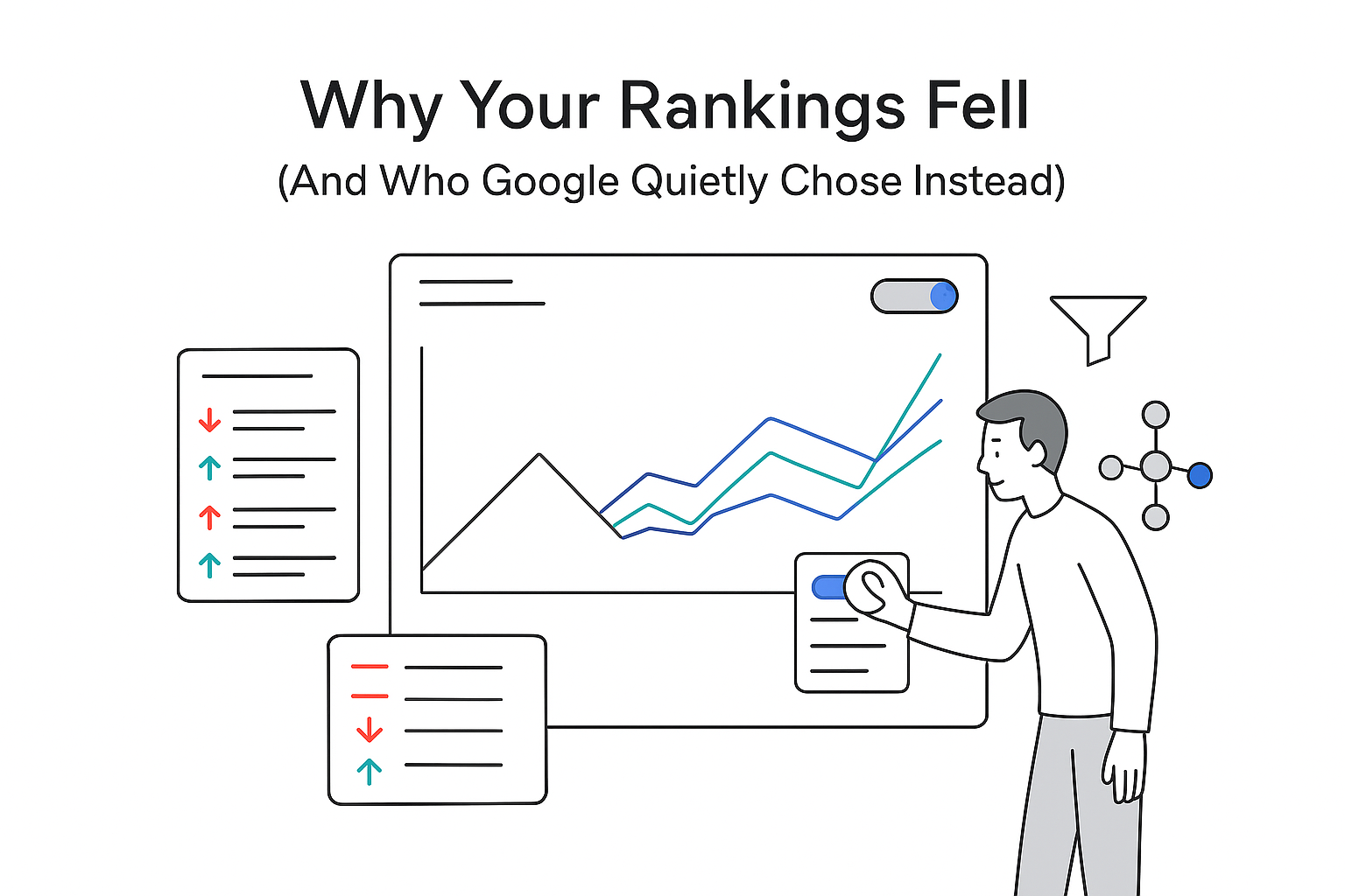 Minimalist tech illustration analytics dashboard showing Google ranking drop and recovery person toggling switch