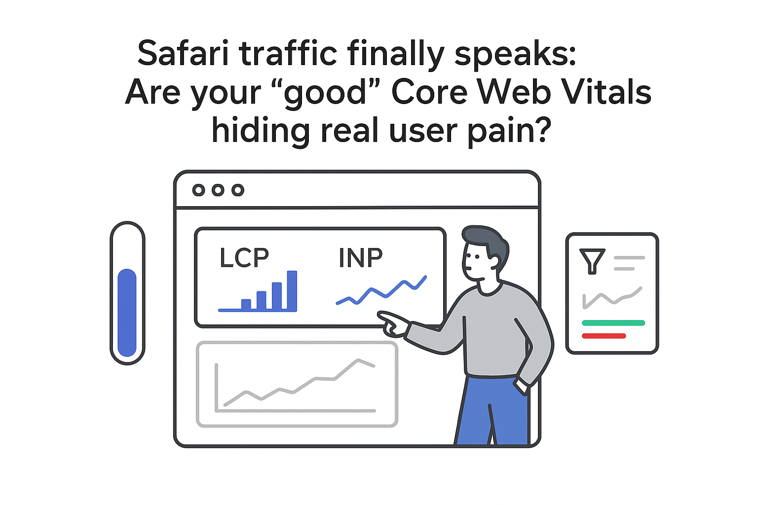 Minimalist tech illustration analytics dashboard Core Web Vitals LCP INP toggle report person
