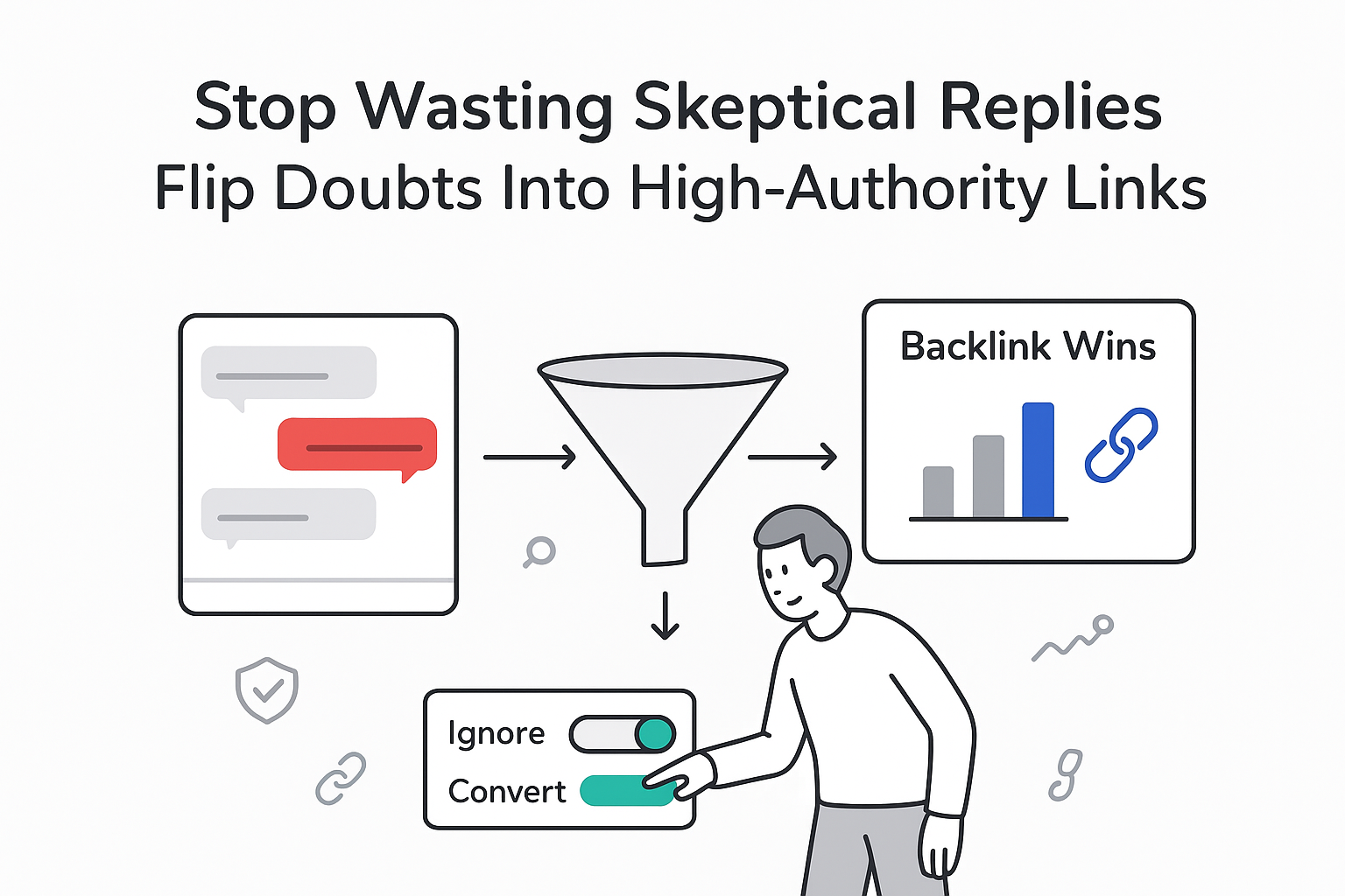 Minimalist tech illustration of skeptical email reply to backlink wins dashboard funnel with convert toggle