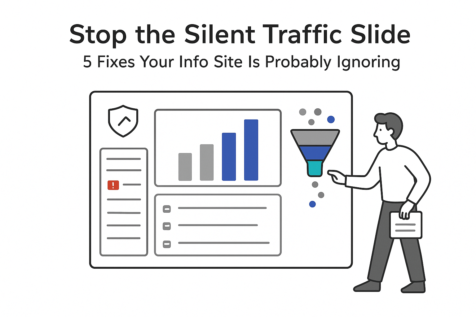 Minimalist tech illustration dashboard showing traffic recovery funnel content pruning toggle and shield with person