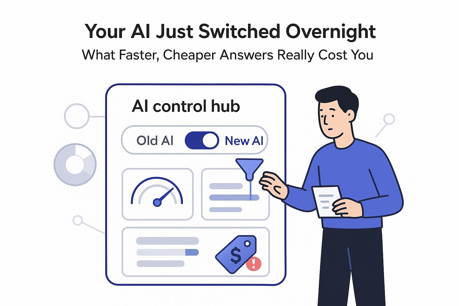 Minimalist AI control hub with toggle showing overnight switch to new AI and cost tradeoffs